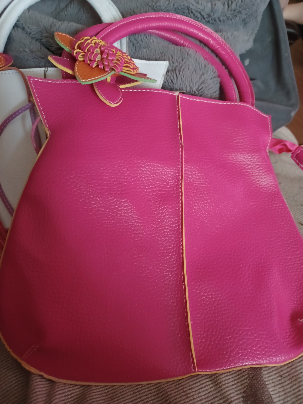 Mellow World Womens Vegan Leather Bright Pink Pebbled Tote with Floral Charm